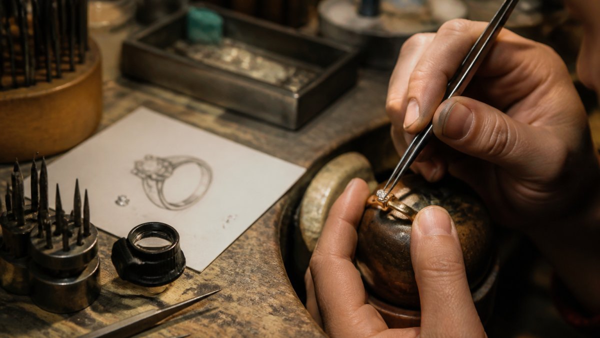 Jeweler setting a gemstone into a gold ring at a workshop bench with tools and a sketch
