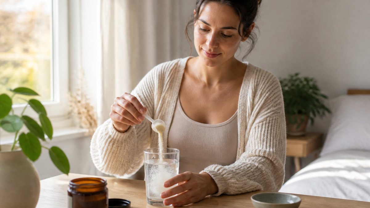 Woman holding a glass of water with magnesium glycinate powder dissolving, natural morning light streaming through a window, calm wellness setting