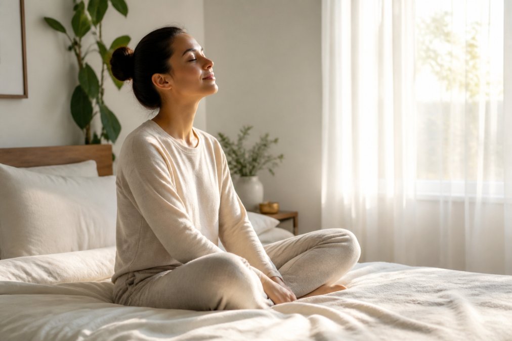 Person sitting peacefully in a minimalist bedroom with soft natural light filtering through sheer curtains, appearing relaxed and at ease on a comfortable bed