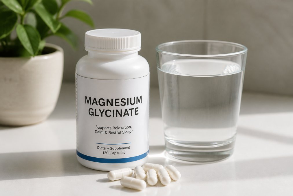 Close-up of a magnesium glycinate supplement bottle with clearly visible label, placed on a clean white surface with a glass of water beside it
