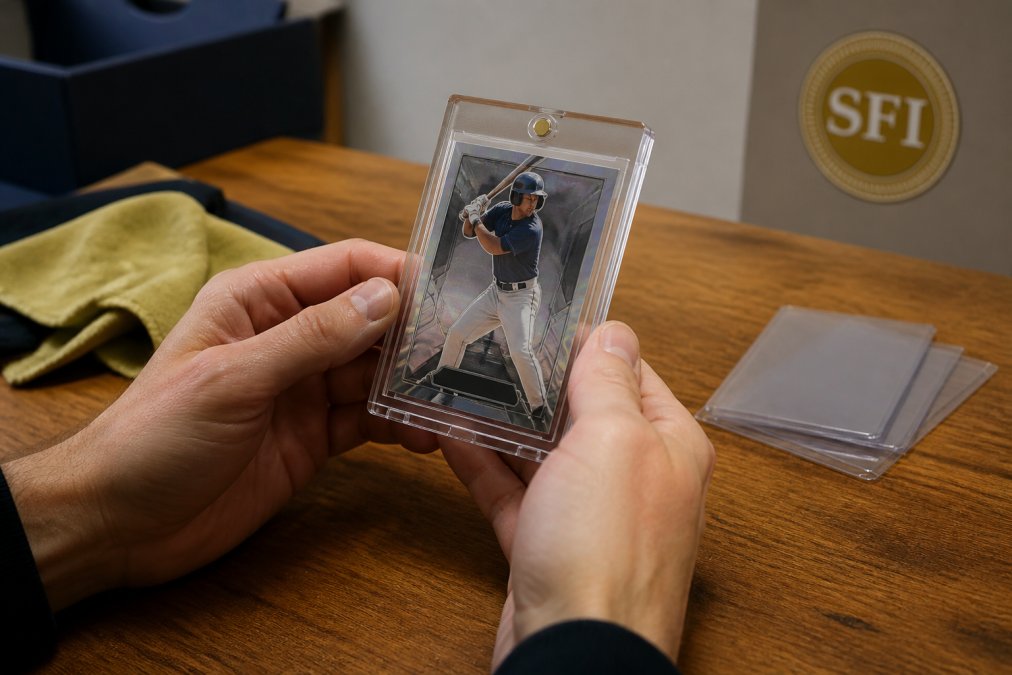 Diagram showing the process of securing a trading card inside a magnetic card holder to prevent movement and damage.