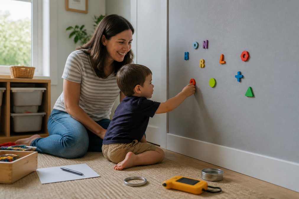 A parent and a young child are playing together on the floor in a bright, modern nursery. The child is holding a large, easy-grip plastic magnet and reaching towards a wall covered in a light grey magnetic wallcovering. The wall has a few colourful, safe magnetic letters and shapes attached at a low height. The parent is supervising with a smile. The scene is safe, calm, and well-lit, showing a positive interaction with a magnetic wall.