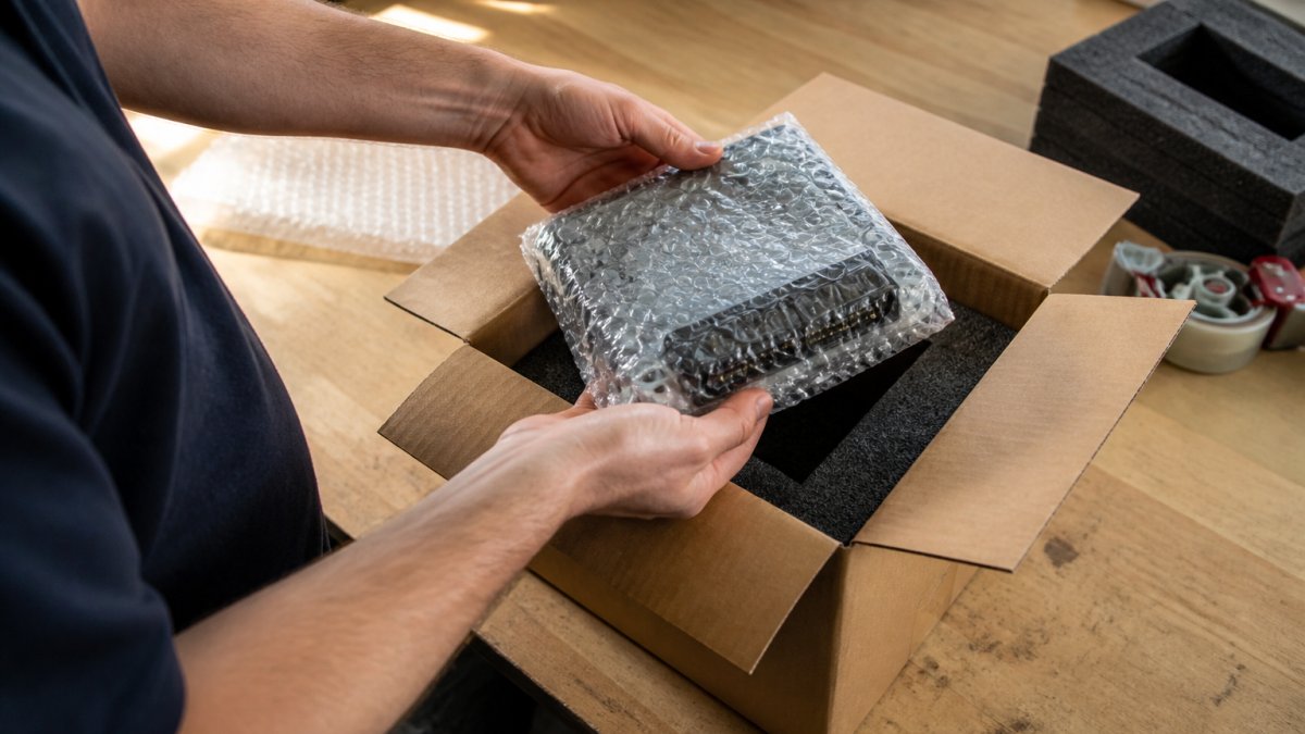 Close-up of hands placing an automotive control module wrapped in antistatic bubble wrap into a sturdy cardboard box with foam padding on a workbench