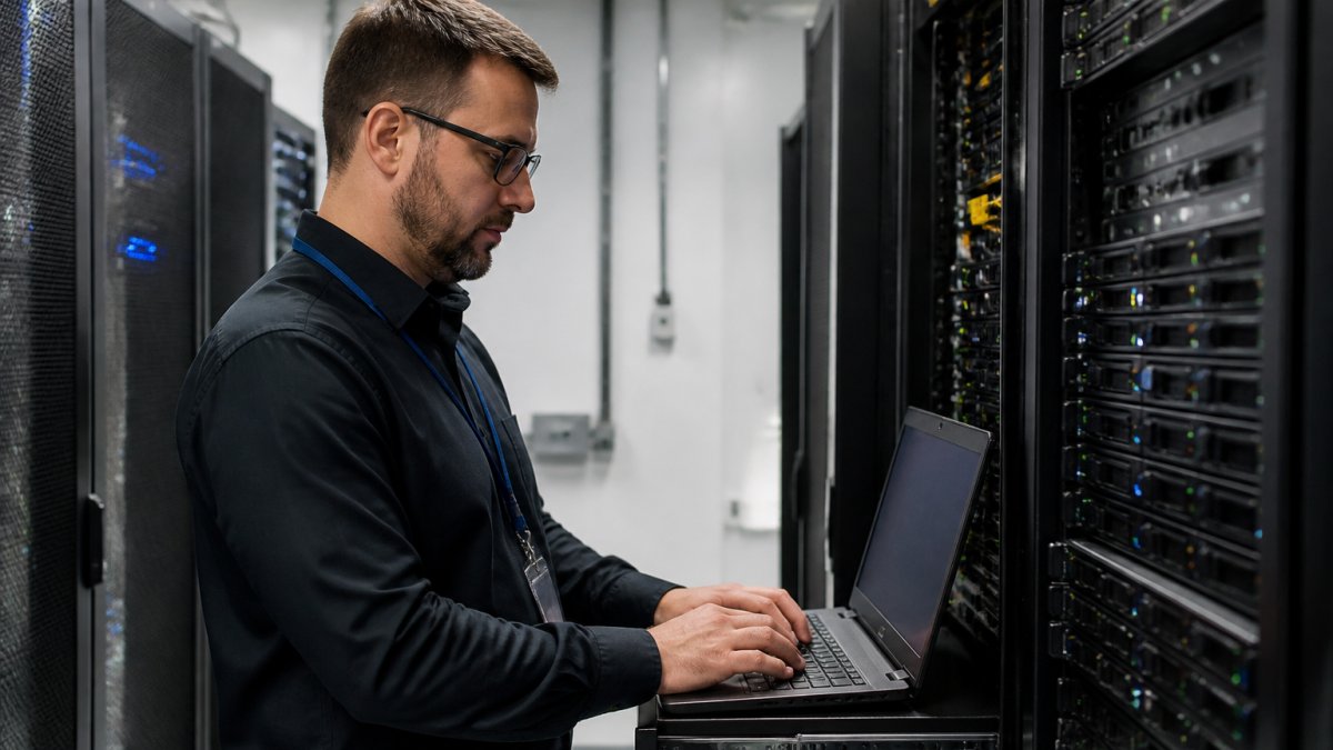 IT professional monitoring multiple server backup screens in a control center with real-time status displays and alert systems visible