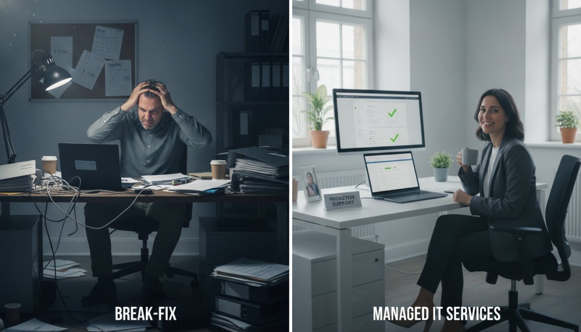 A small business owner looking stressed at a laptop surrounded by paperwork and sticky notes, suggesting IT downtime frustration in a cluttered office with overhead fluorescent lighting