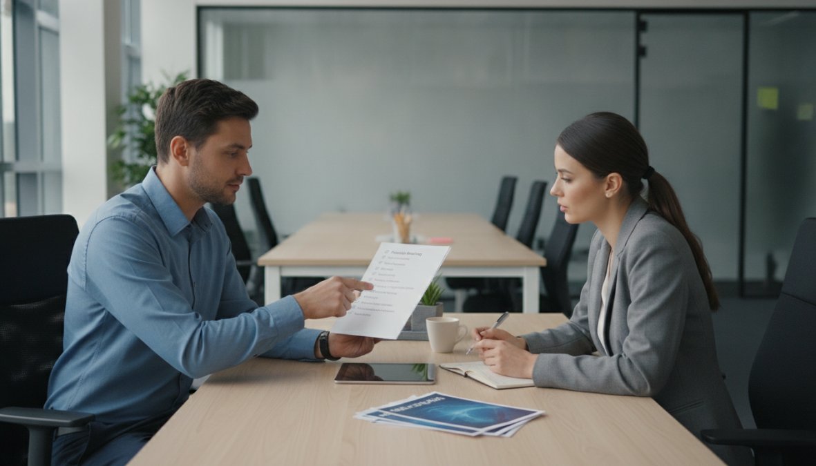 A professional IT support technician in a tidy modern office reviewing a checklist on a tablet while speaking with a business client seated across a desk, warm natural window lighting