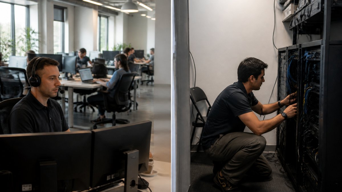 IT professional providing technical support in a modern startup office while deciding if is managed it support worth it for