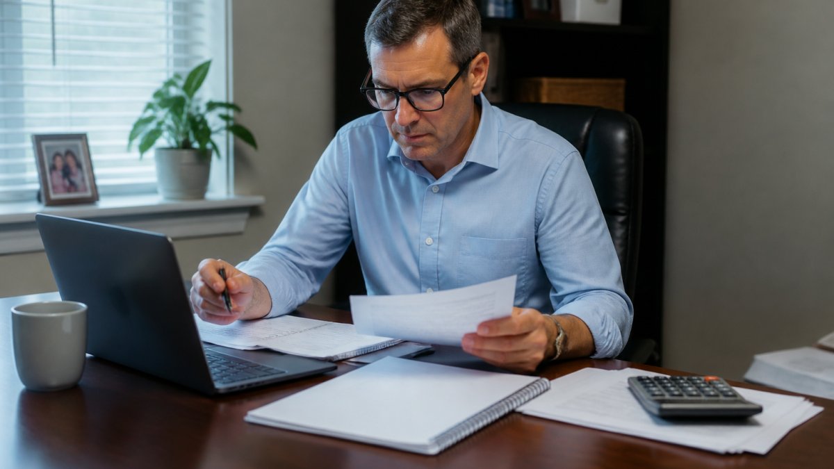 A small business owner reviewing IT cost documents at a desk with a laptop and notepad in a modest office setting