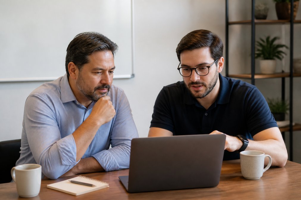 A small business owner and an IT consultant reviewing a laptop screen together in a modest office, with a whiteboard and coffee cups visible in the background