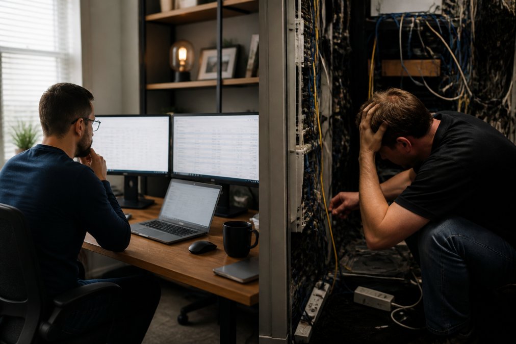 IT technician working remotely on laptop with monitoring dashboard visible on multiple screens, professional home office with organized workstations and technical equipment