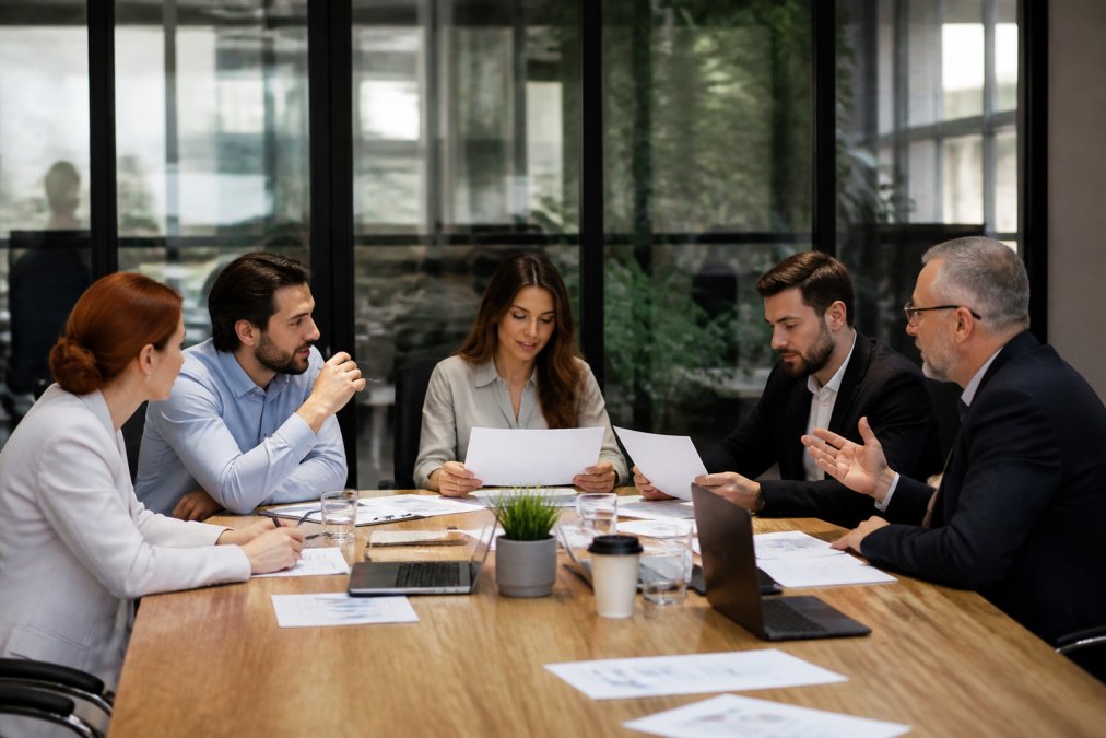 Business team in modern conference room discussing growth strategy with laptops and documents, collaborative atmosphere with focus on planning and decision-making