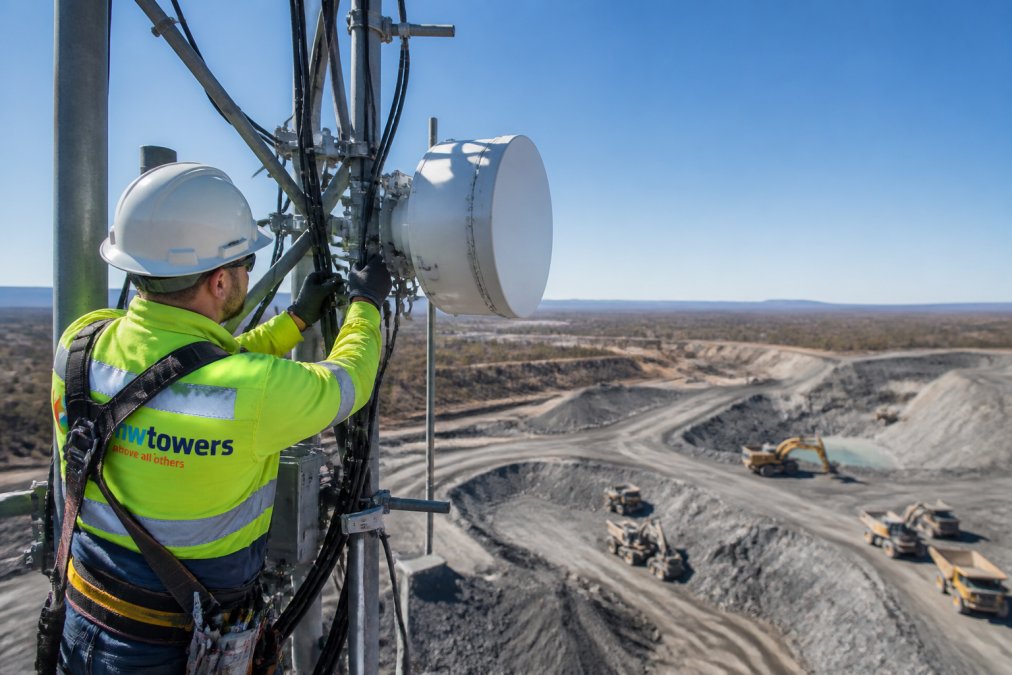 Technician installing a rugged wireless antenna for a managed network on a mining site tower