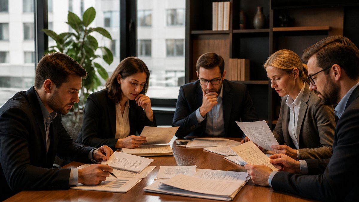 Security team reviewing threat hunting findings in a compliance audit meeting, with documentation and hunt methodology visible on screens