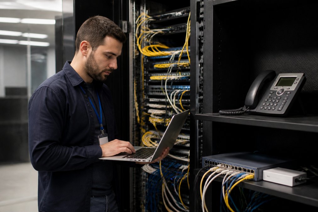 An IT technician in a server room reviewing a laptop with network cables and a VoIP desk phone visible on a nearby shelf