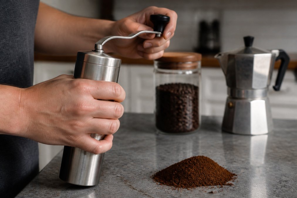 Close-up of hands holding a stainless steel manual coffee grinder over a kitchen counter, with a small pile of freshly ground coffee and a moka pot visible in the background