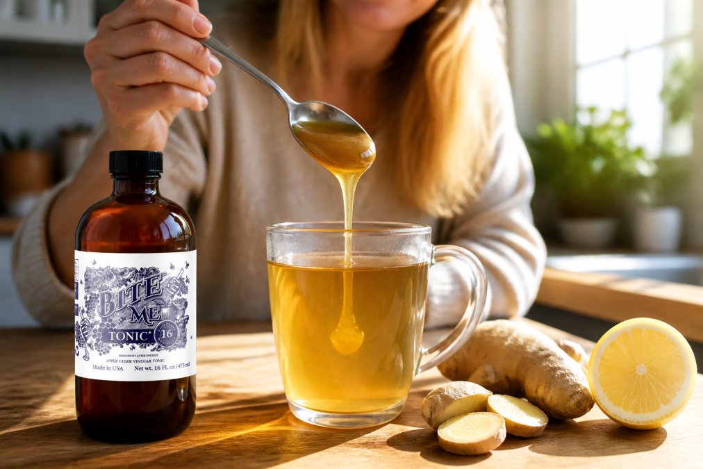 Close-up of a spoonful of golden, viscous manuka honey being drizzled into a clear glass of warm herbal tea, with fresh ginger slices and a lemon wedge visible on the wooden surface nearby, morning sunlight streaming through a window