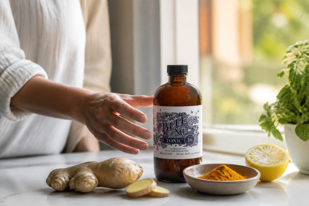 A glass bottle of golden wellness tonic sitting on a bright kitchen counter next to fresh ginger root, turmeric powder in a small ceramic bowl, and a halved lemon, with a person's hand reaching toward the bottle in morning sunlight streaming through a window