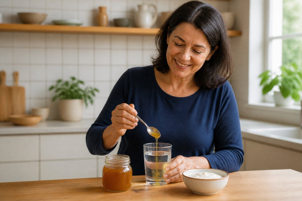 A woman in her 50s in a bright kitchen, smiling as she stirs a spoonful of golden manuka honey into a glass of warm water on a wooden countertop, with a jar of honey and a small bowl of yogurt nearby