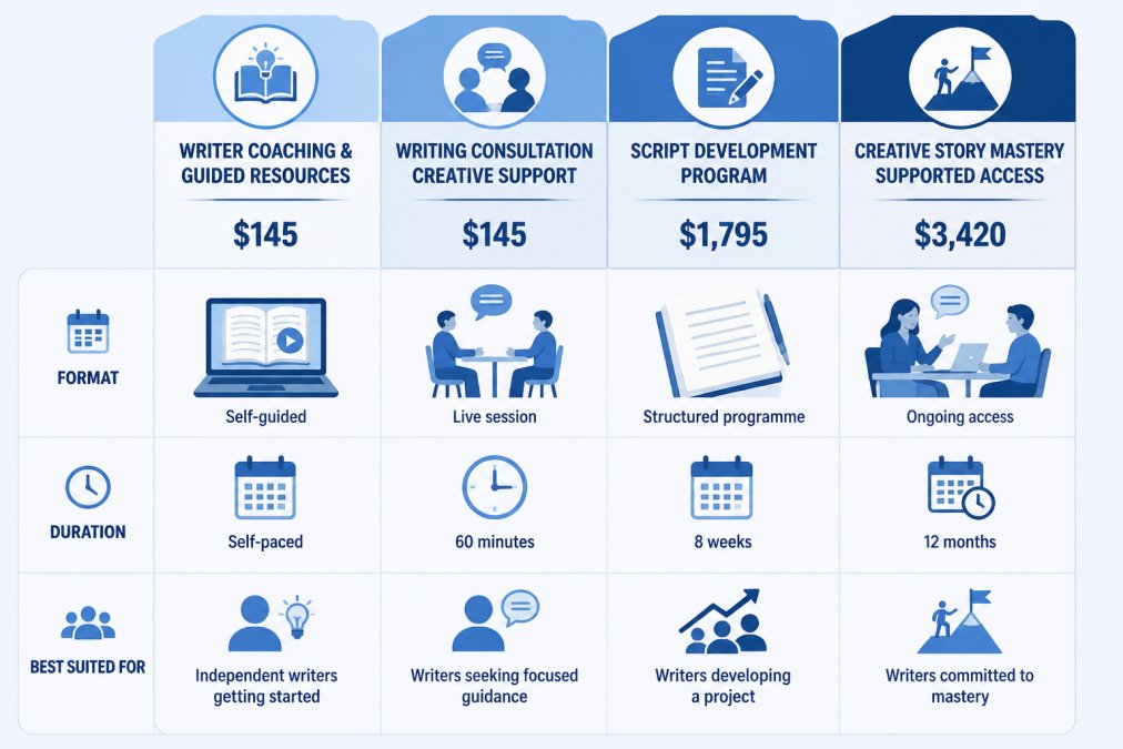 Comparison chart detailing pricing, duration, and target audience for various professional writing service tiers