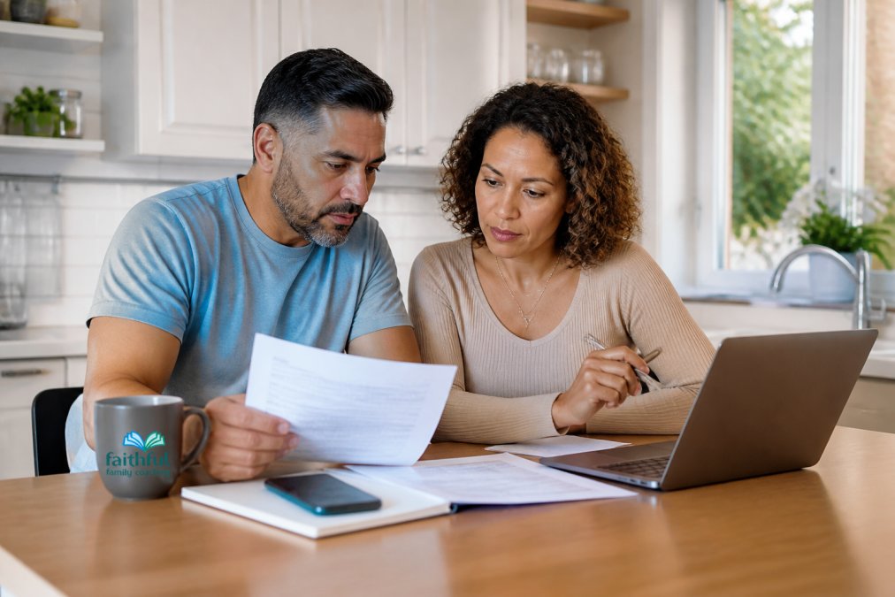 Step-by-step flowchart for a couple checking if marriage coaching is covered by insurance using home documents.