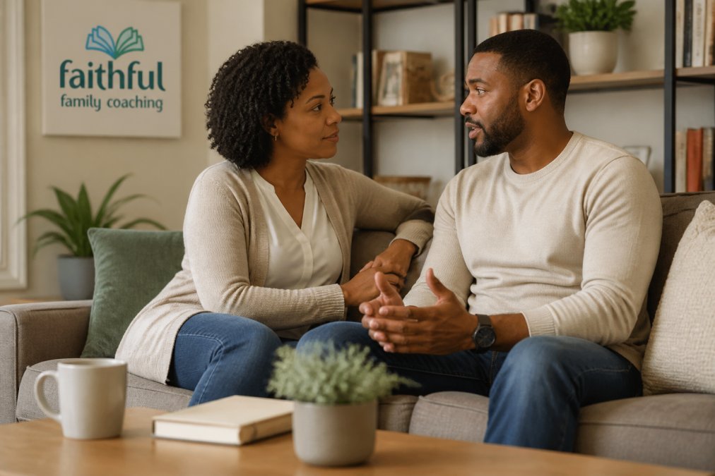 A couple sitting together on a couch in a modern living room with soft natural lighting, engaged in focused conversation with relaxed body language, showing active listening and emotional openness