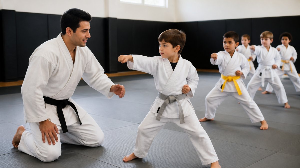 A young child in a martial arts uniform practicing a punch on a mat while a qualified instructor kneels nearby offering guidance, with other kids training in the background of a bright, clean dojo