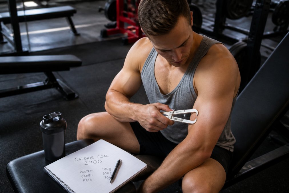 Lean muscular male in modern gym setting using body composition calipers on arm, with notebook showing calorie calculations and macronutrient breakdowns on nearby bench