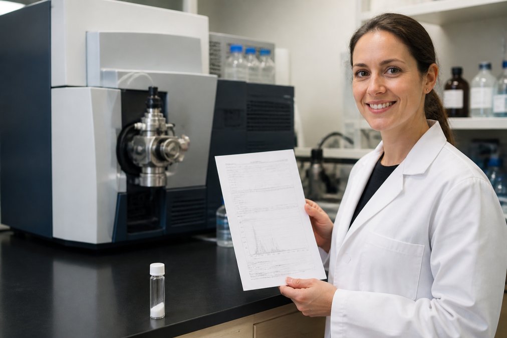 A researcher in a lab coat holding a printed certificate of analysis next to a computer screen showing a mass spectrometry spectrum, with a vial of peptide sample on the bench in soft focus