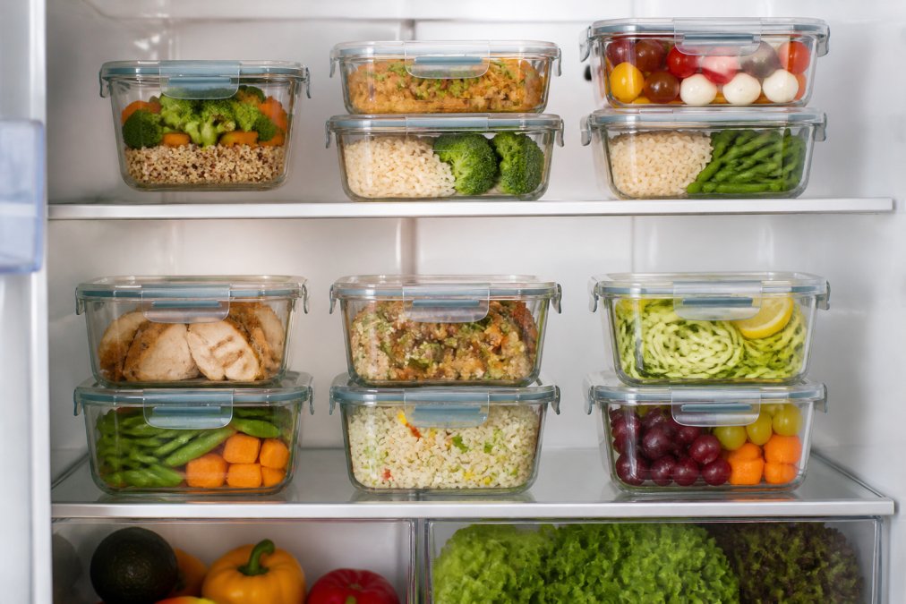 Open refrigerator shelf displaying organized glass food storage containers with various prepped meals stacked neatly, colorful vegetables and proteins visible inside clear containers, natural light from refrigerator interior