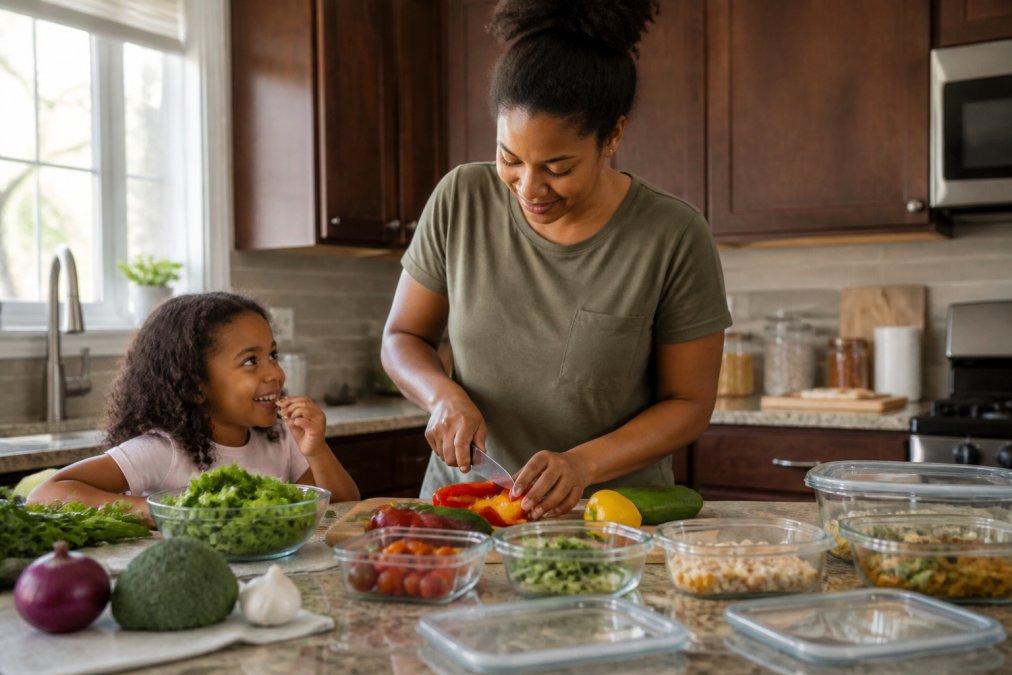 Parent in a home kitchen on a weekend afternoon with ingredients laid out on counter, chopping vegetables while a child sits nearby with a snack, natural daylight from window illuminating the workspace