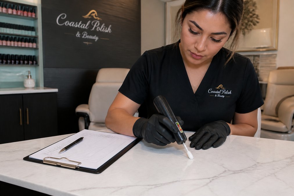 A nail salon technician in gloves using an ATP swab testing device on a freshly disinfected manicure table, with a clipboard and logbook nearby showing test results