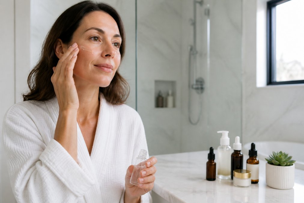 Woman in her 40s applying a face serum in a bright bathroom with skincare bottles on a marble counter