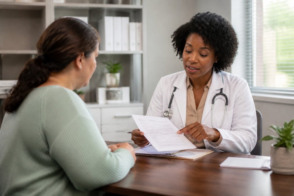 Patient meeting with a physician in a clinical office setting, reviewing medical documents and discussing weight loss treatment options on a desk with insurance paperwork and forms