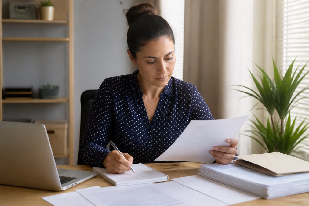 Person at a desk with insurance paperwork, medical documents, and a computer, preparing documentation and taking notes for an insurance appeal in a home office setting with natural lighting