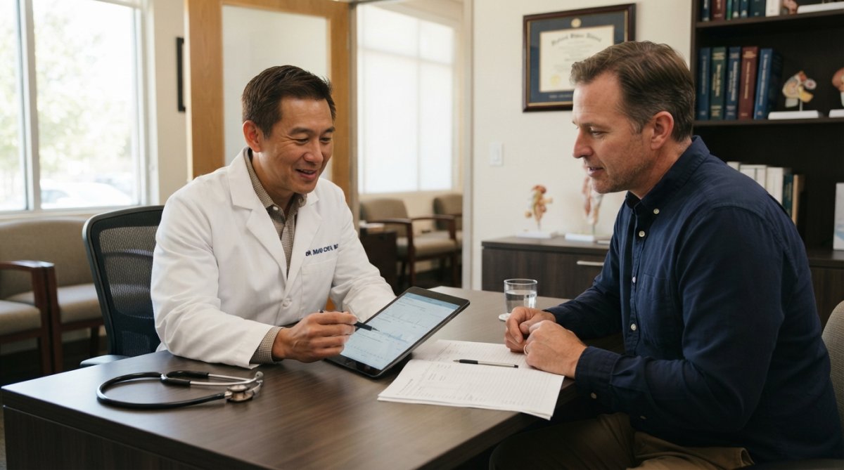 A middle-aged man having a consultation with a physician in a modern medical office, reviewing health data on a tablet