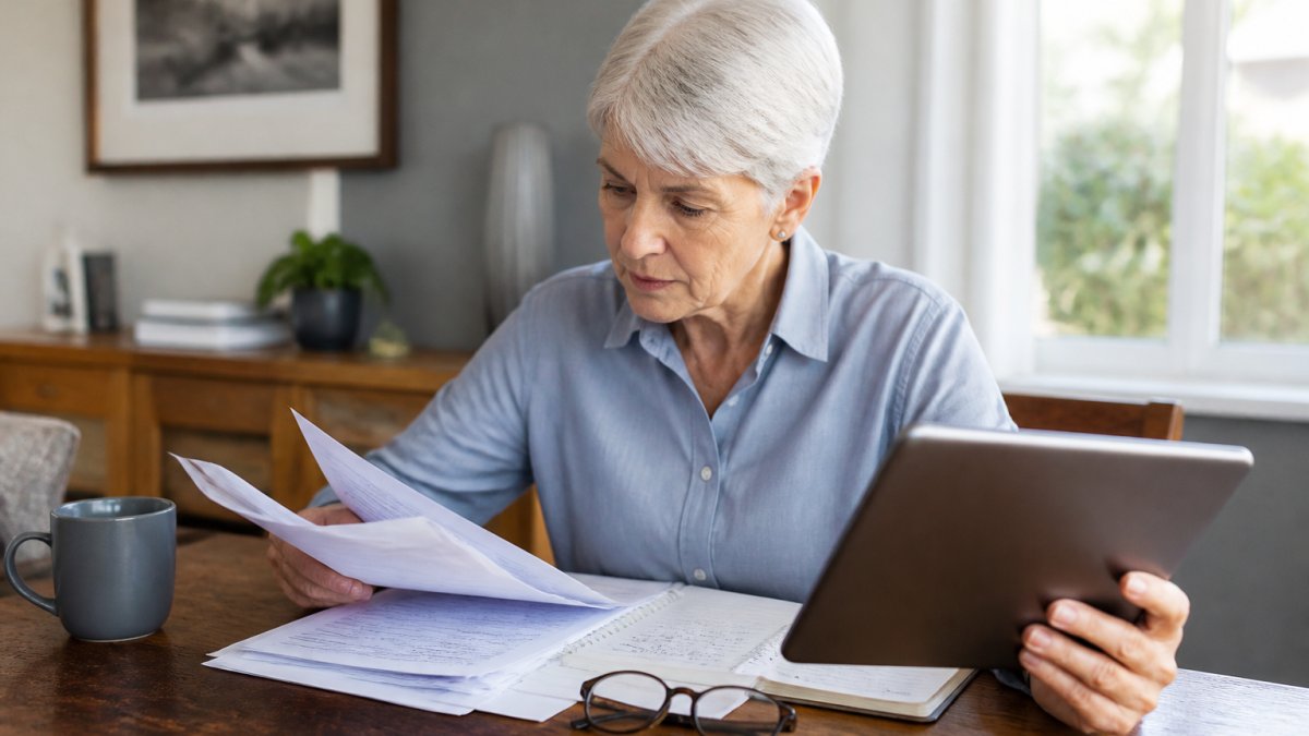 Older adult at home reviewing Medicare enrollment documents and plan comparison materials on a tablet with a notebook and reading glasses nearby on a wooden desk