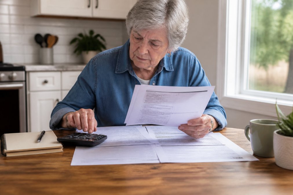 Senior reviewing Medicare documents and plan comparison materials at a kitchen table with a calculator and notepad, natural daylight from window