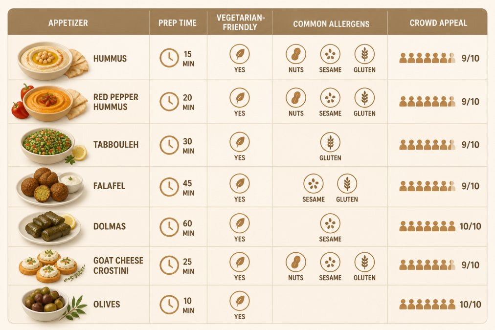 Comparison matrix of Mediterranean appetizers showing hummus, red pepper hummus, tabbouleh, falafel, dolmas, goat cheese crostini, and olives with columns for prep time (all under 2 hours), vegetarian-friendly (100% yes), common allergens (nuts, sesame, gluten), and crowd appeal (all 9/10 or higher)