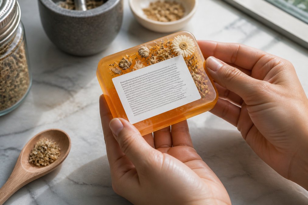 Close-up of hands holding a translucent amber bar of melt and pour soap with visible ingredient label and natural botanicals pressed into the surface, photographed on a marble counter with soft natural lighting