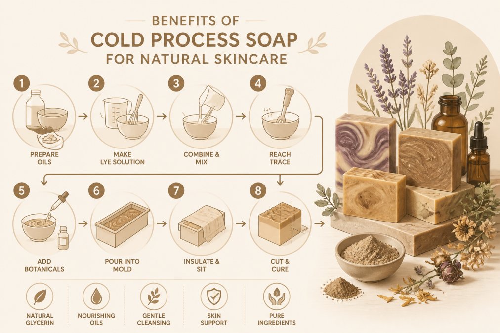 Artisanal cold process soap bars displayed in warm natural light, showing rich jewel tones and swirled patterns, surrounded by fresh botanicals, essential oil bottles, and raw clay in earthy textures
