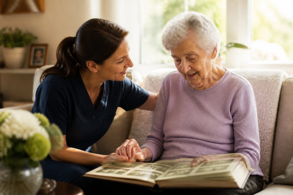 A compassionate caregiver sitting beside an elderly woman with dementia in a warm, sunlit room, gently holding her hand while looking at a photo album together
