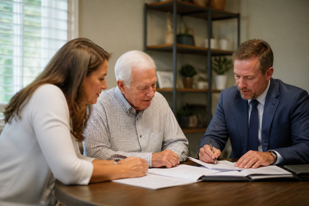 An adult daughter and her elderly father sitting across from a financial advisor at a desk, reviewing documents together in a professional but welcoming office setting