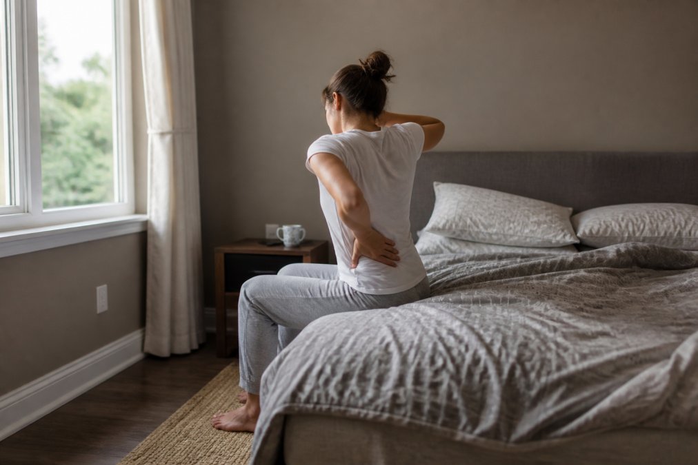 Person waking up in bed, gently stretching their back and torso while sitting up on edge of mattress, appearing to ease into morning routine with natural light from window