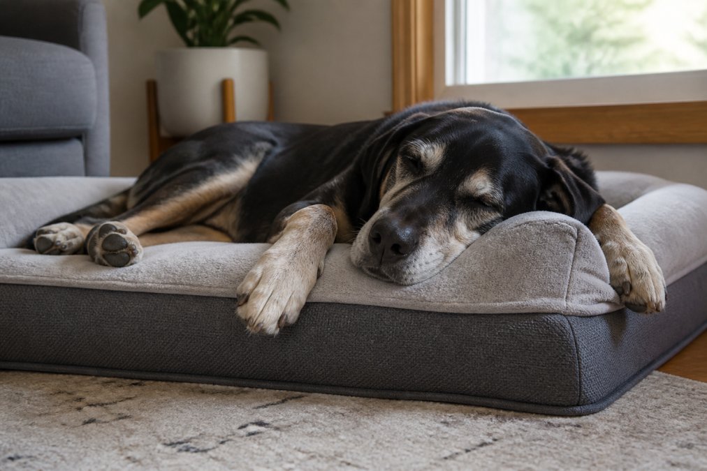 Senior large breed dog resting peacefully on a plush memory foam orthopedic bed with visible cushioning and support, natural window lighting showing the dog's relaxed posture