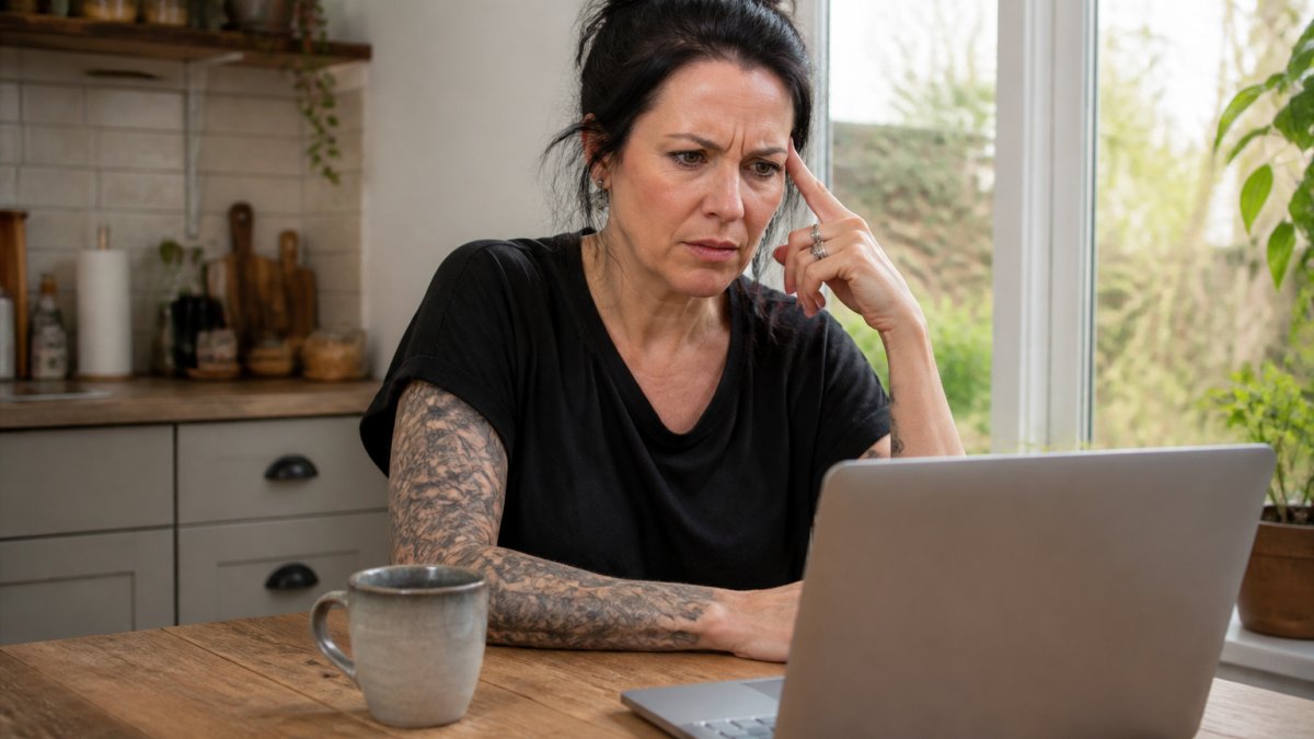 A woman in her forties sitting at a kitchen table looking at a laptop with a confused expression, coffee mug nearby, morning light through window