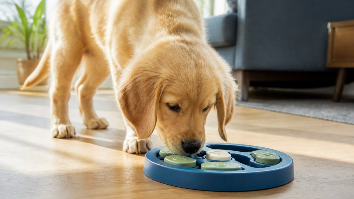 Golden retriever puppy sniffing and playing with an interactive puzzle toy on a sunlit living room floor