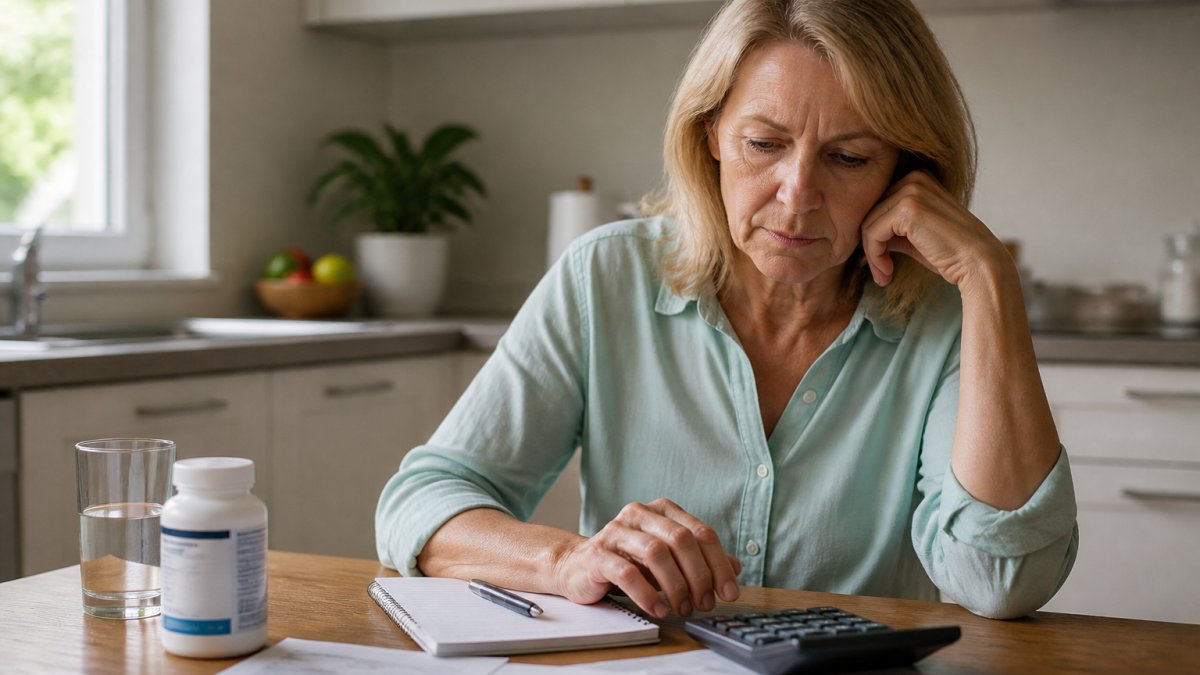 A woman in her fifties sitting at a kitchen table with a supplement bottle, a notebook, and a calculator, reviewing monthly expenses in soft morning light
