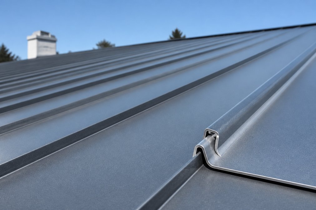 Close-up of standing seam metal roof panels showing interlocking seams and galvanized steel surface with clear weather and blue sky in background