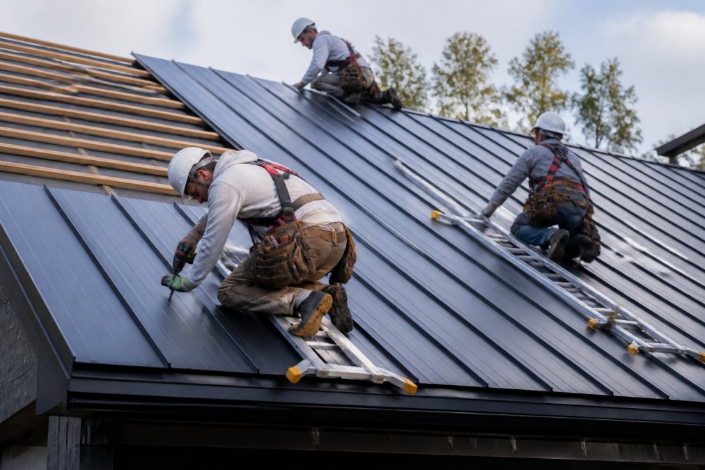 Professional roofing crew installing metal roofing panels on residential home, showing proper safety equipment, staged ladder systems, and correct fastening technique during installation