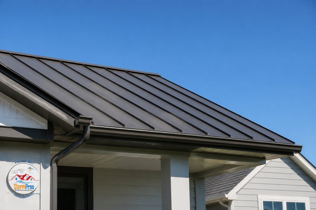 Close-up of standing seam metal roof panels on residential home showing structural seams and weather-resistant finish with clear blue sky in background